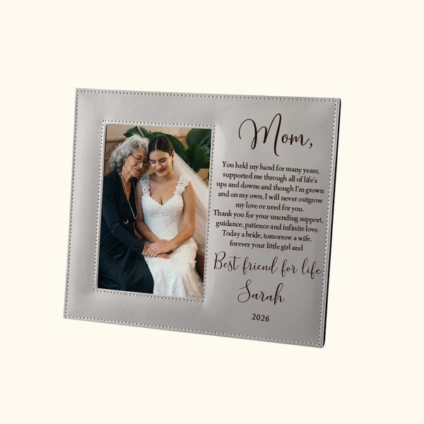 Personalized Mother of the Bride Poem Leather Photo Frame with Folding Stand and Hanger Wedding Thank You Gift for Mom