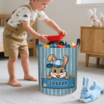 Personalized Cute Bow Hat Rabbit Stripe Storage Laundry Basket with Handle and Name Daily Use Easter Day Gift for Kids