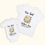 Personalised Our First Mother’s Day Sloth Baby Onesie and Mommy Matching T-Shirt with Names and Year Gift for Baby New Mom