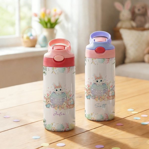 Gepersonaliseerde Bloem Paasei Schattig Konijntje Naam 12 oz Kind Geïsoleerde Waterfles met Handvat en Siliconen Rietje Pasen Verjaardagscadeau voor Jongens Meisjes