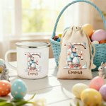 Personalised Cute Easter Egg Bunny Flower 12 oz Enamel Mug with Initial and Name Easter Party Gift for Kids