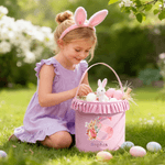 Personalized Cute Easter Bunny Plaid Easter Basket with Name and Ruffles Eggs Hunting Party Easter Gift for Kids