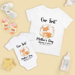 Gepersonaliseerd Onze Eerste Moederdag T-shirt Baby Onesie Set met Krans Vos en Namen Moederdagcadeau voor Nieuwe Moeder Baby