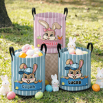 Personalized Cute Bow Hat Rabbit Stripe Storage Laundry Basket with Handle and Name Daily Use Easter Day Gift for Kids