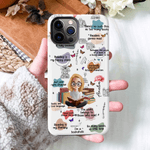 Personalized Cartoon Reading Girl Character Birth Flower Phone Case for iPhone Samsung with Name Daily Use Birthday Gift for Book Lovers