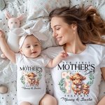Personalisierte Our First Mother's Day Hochland Kuh 100% Baumwolle Baby Bodysuit Passende T-Shirt mit Namen und Jahr 1st Mother's Day Geschenk für Baby Mama