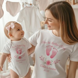 Personalised Baby Footprint First Mother's Day Pure Cotton Mom T-shirt and Baby Bodysuit Set with Name Birthday Mother's Day Gift for Mother Baby