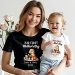 Personalized Our First Mother's Day Cute Animal 100% Cotton Baby Bodysuit Mom T-shirt with Name and Year Baby Shower Gift for Baby Mom