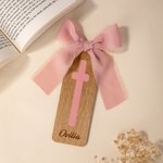 Personalized Ribbon Bow Bible Verse Cross Wooden Bookmark with Engraved Name Birthday Religious Baptism Gift for Family Christians