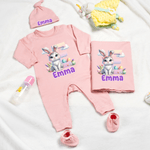 Personalizzato carino coniglietto di Pasqua 100% cotone Baby Romper Hat Blanket Outfit con confezione regalo e nome regalo di compleanno di Pasqua per il neonato