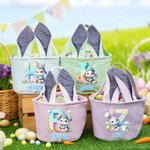 Personalisierter Streifen Osterkorb im Hasenohren-Design mit süßem Häschen Namen und Initiale Osternest Eiersuche Party Ostern Geschenk für Kinder