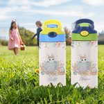 Gepersonaliseerde Bloem Paasei Schattig Konijntje Naam 12 oz Kind Geïsoleerde Waterfles met Handvat en Siliconen Rietje Pasen Verjaardagscadeau voor Jongens Meisjes