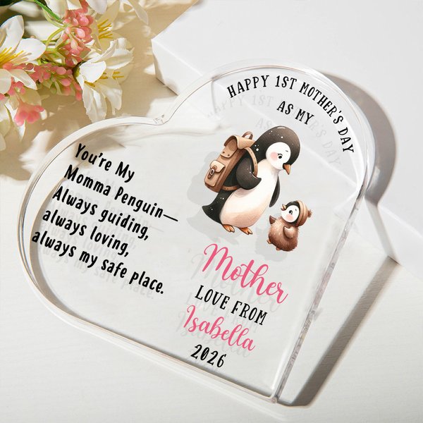 Personalised Cute Penguin Mother and Baby Heart-shape Acrylic Plaque with Name and Year Desk Decor 1st Mother's Day Anniversary Gift for New Mom