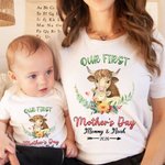 Personalisierte Our First Mother's Day T-Shirt mit niedlichen Tier und Name Muttertag Geschenk für neue Mama