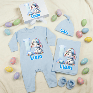 Personalised Cute Easter Bunny 100% Cotton Baby Romper Hat Blanket Outfit with Gift Box and Name Easter Birthday Gift for Newborn