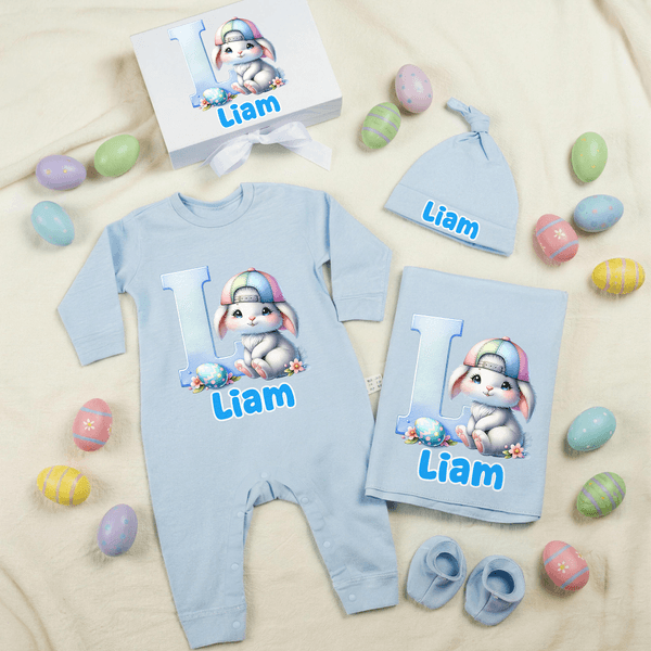 Personalizzato carino coniglietto di Pasqua 100% cotone Baby Romper Hat Blanket Outfit con confezione regalo e nome regalo di compleanno di Pasqua per il neonato