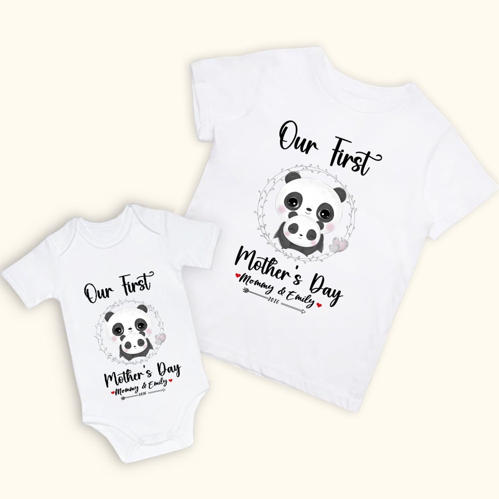 T-shirt 100% coton et Onesie bébé assortis avec motif de panda Cadeau de fête des mères pour nouveau-né et nouvelle maman