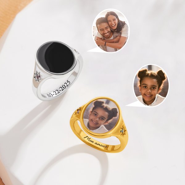 Bague en argent sterling personnalisée avec photo deux pierres de naissance et texte Cadeau d'anniversaire mémorable pour les femmes