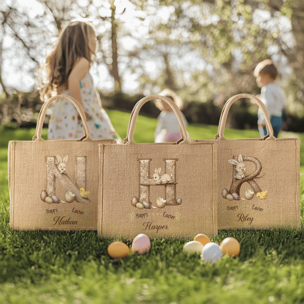 Personalized Retro Style Happy Easter Bunny Chick Large Jute Tote Bag with Name and Initial Easter Party Gift for Boys Girls