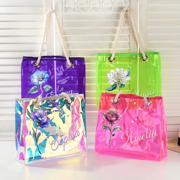 Personalised Birth Flower Neon Laser Clear Tote Bag with Name Birthday Summer Holiday Party Gift for Women