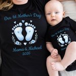 Personalised Baby Footprint First Mother's Day Mom T-shirt and Baby Bodysuit Set with Name Birthday Mother's Day Gift for Mother Baby