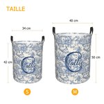 Panier à linge personnalisé avec initiale nom et motif Toile de Jouy - Panier imperméable avec anses - Cadeau d'emménagement pour couple famille