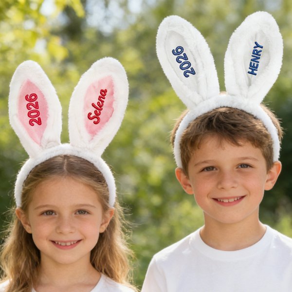 Personalised Cute Rabbit Ears Hairband with Embroidery Name and Year Easter Party Birthday Gift for Kids