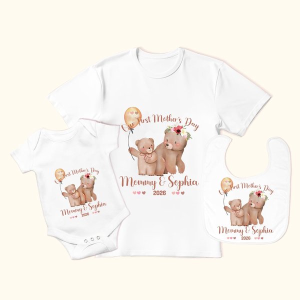 Personalised Watercolor Cute Bears 100% Cotton T-Shirt Baby Onesie Bib with Name Our First Mother's Day Gift for Mom Baby