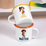 Personalisierte Emaille Tasse mit Cartoon Schulkind und Namen | 355 ml | Schultüte | Einschulung Schulanfang Geburtstag Geschenk für Jungen Mädchen