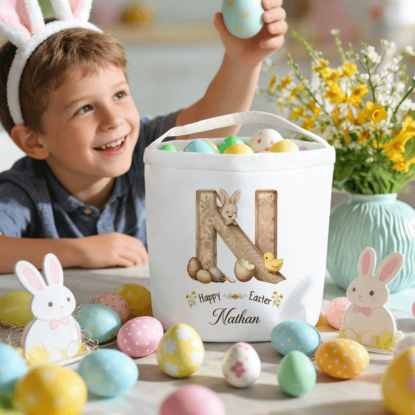 Personalized Cute Bunny Chick Easter Basket with Name and Initial Eggs Hunting Party Favor Happy Easter Gift for Kids