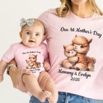 Personalized Cute  Animal Design Our First Mother's Day 100% Cotton Baby Bodysuit Adult T-shirt with Name Mother's Day Birthday Gift for Babies Moms