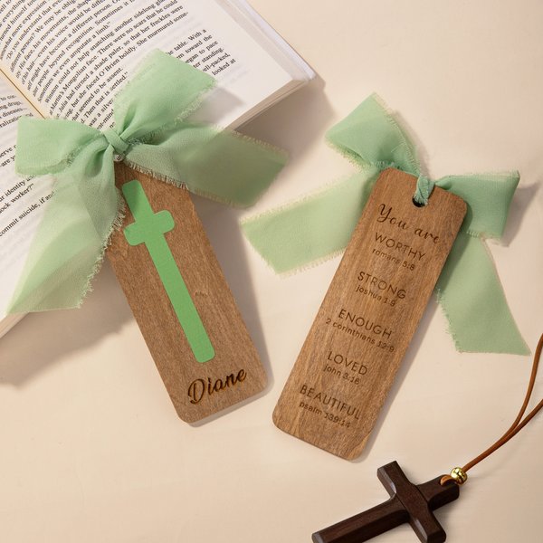 Personalisierte Schleife Bogen Bibel Vers Kreuz hölzerne Lesezeichen mit eingraviertem Namen Geburtstag religiöse Taufe Geschenk für Familie Christen