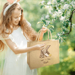 Personalized Retro Style Happy Easter Bunny Chick Large Jute Tote Bag with Name and Initial Easter Party Gift for Boys Girls