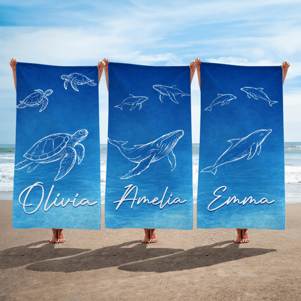Personalized Underwater World Marine Theme Oversized Quick Dry Beach Towel with Name Summer Vacation Accessories Birthday Gift for Friends Family