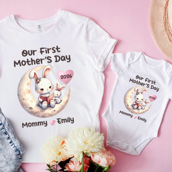 Personalized Mummy Baby Animals Moon Storytime 100% Cotton Baby Bodysuit Matching T-shirt with Name First Mother's Day Gift for Newborn New Mom