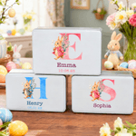 Personalised Cute Watercolor Easter Bunny Initial Biscuit Tin Box with Name and Date Easter Party Birthday Gift for Kids