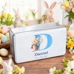 Personalised Cute Watercolor Easter Bunny Initial Biscuit Tin Box with Name and Date Easter Party Birthday Gift for Kids