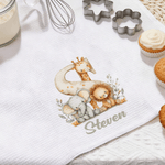 Personalized Cute Animal Waffle Weave Kitchen Towel with Name and Initial Baking Housewarming Gift for Kids