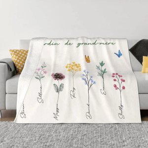 Couverture en flanelle personnalisée avec 1-16 noms et fleurs de style d'aquarelle - Cadeau fête de Mères pour maman grand-parents