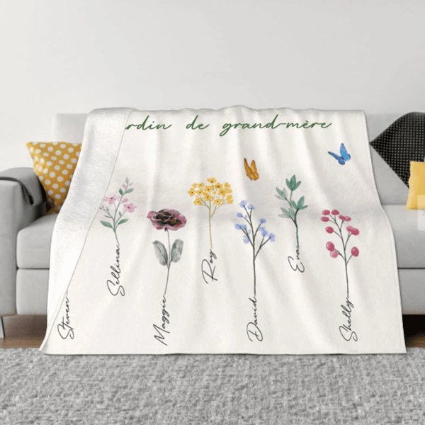 Couverture en flanelle personnalisée avec 1-16 noms et fleurs de style d'aquarelle - Cadeau fête de Mères pour maman grand-parents
