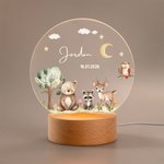 Veilleuse LED en acrylique personnalisée avec nom et texte - Style d'animal mignon socle en bois - Cadeau anniversaire pour garçons filles