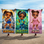 Personalized Cartoon Black Girl Graffiti Art Quick Dry Oversized Beach Towel with Name Beach Party Birthday Gift for Girl Graffiti Lover