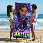 Personalized Cartoon Black Girl Graffiti Art Quick Dry Oversized Beach Towel with Name Beach Party Birthday Gift for Girl Graffiti Lover