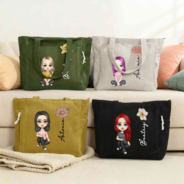 Bolso tote grande personalizado de pana con nombre flor de nacimiento y personaje de dibujos animados regalo de cumpleaños para mujeres