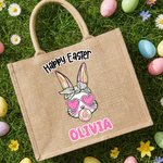 Gepersonaliseerde Gelukkige Pasen Zonnebril Bunny Grote Jute Draagtas met Naam Paasfeest Cadeau voor Kinderen