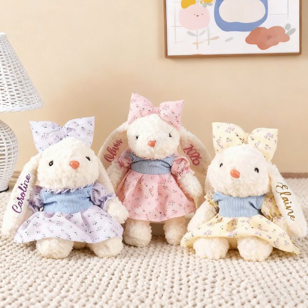 Lapin en peluche à nœud mignon personnalisée avec nom pailleté - Cadeau anniversaire ou baby shower pour enfants
