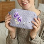 Personalized Multicolor Birth Flower Striped Makeup Bag with Name Daily Travel Essential Birthday Gift for Women