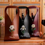 Personalized Mother of Pearl Effect Birth Flower PU Leather Wine Bag with Name and Handle Protective Wine Accessories Dinner Party Gift for Wine Lover