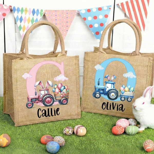 Personalized Bunny Ear Tractor Easter Egg Large Jute Tote Bag with Name and Initial Easter Party Gift for Boys Girls