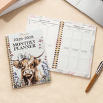 Personalised Watercolor Highland Cow Name 2026-2028 Spiral Planner Notebook with Monthly Planner Pages Birthday New Year Gift for Family Friends